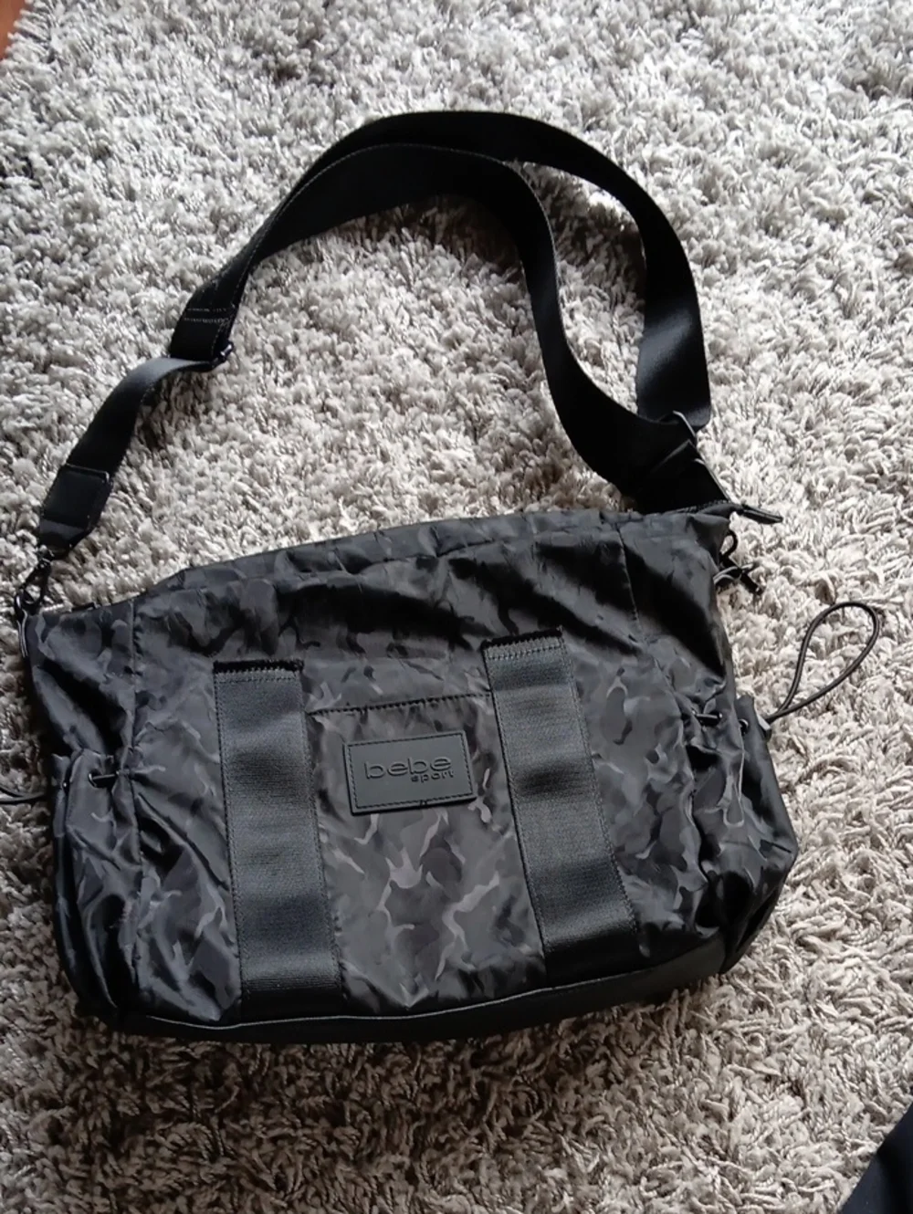 bebe Black Camouflage Nylon Messenger Bag